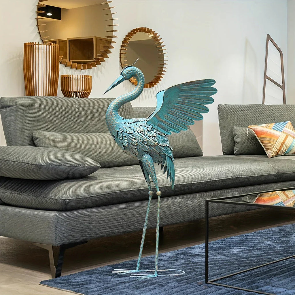 Garden Sculpture - Modern Black Crane Statue, angled view - House Of Avana