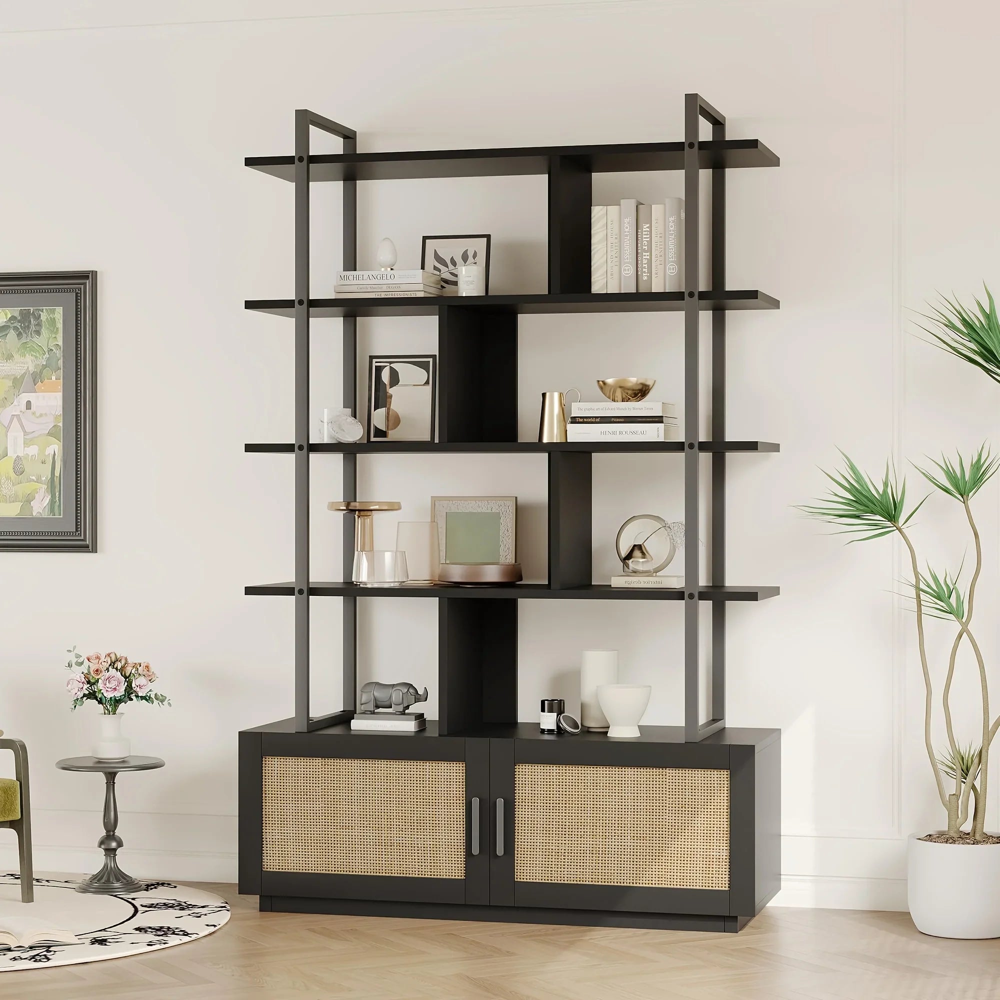 5 Tier Tall Bookshelf with Open Display Shelves, Inch Rattan Classical Book Shelf with Storage, Open... - House Of Avana