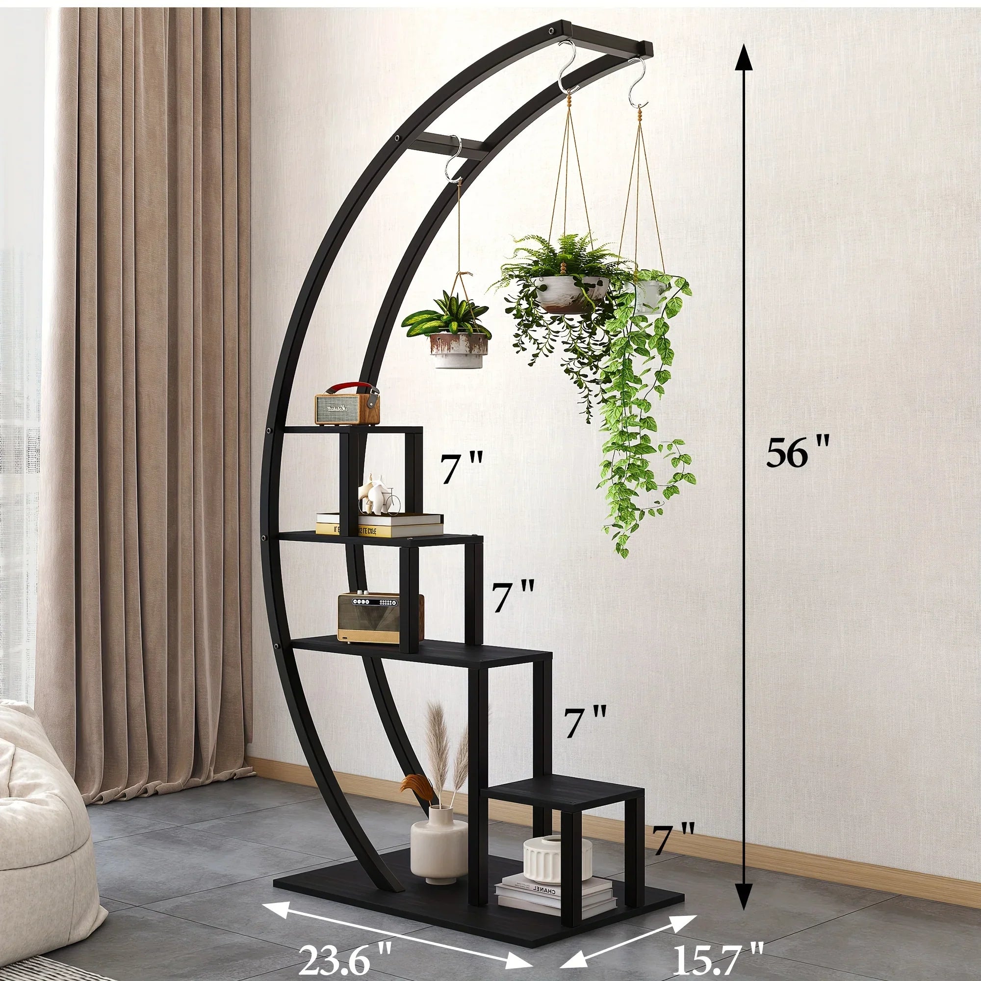 5 Tier Tall Plant Stand Hanging Metal Curved Plant Stand for Indoor Outdoor Patio Balcony - Pack Black - House Of Avana