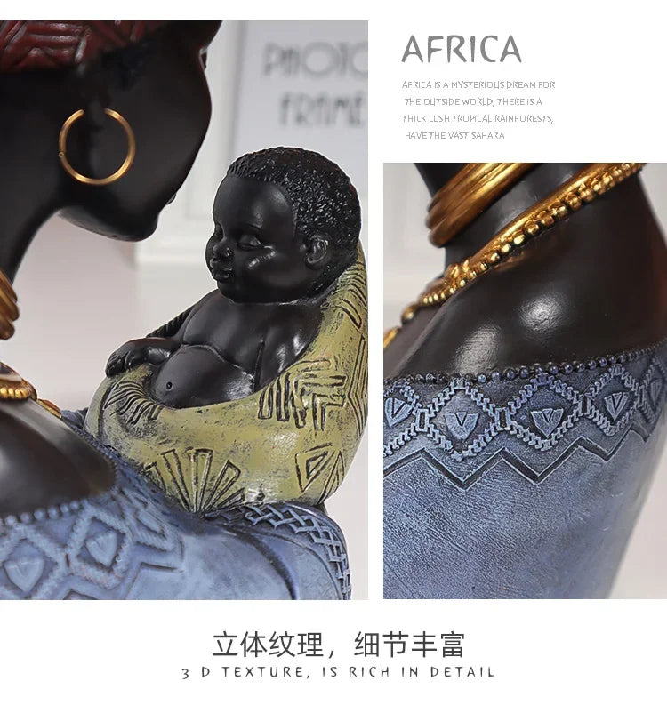 African Statue - Black Mother Child Figure, angled view - House Of Avana