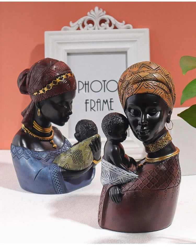African Statue - Black Mother Child Figure, angled view - House Of Avana