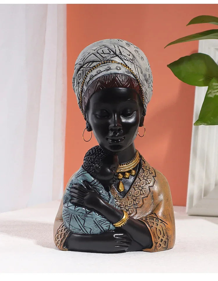 African Statue - Black Mother Child Figure, close-up view - House Of Avana