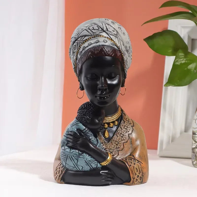 African Statue - Black Mother Child Figure, front view - House Of Avana