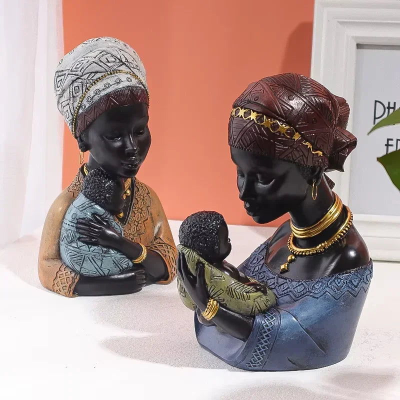 African Statue - Black Mother Child Figure, side view - House Of Avana