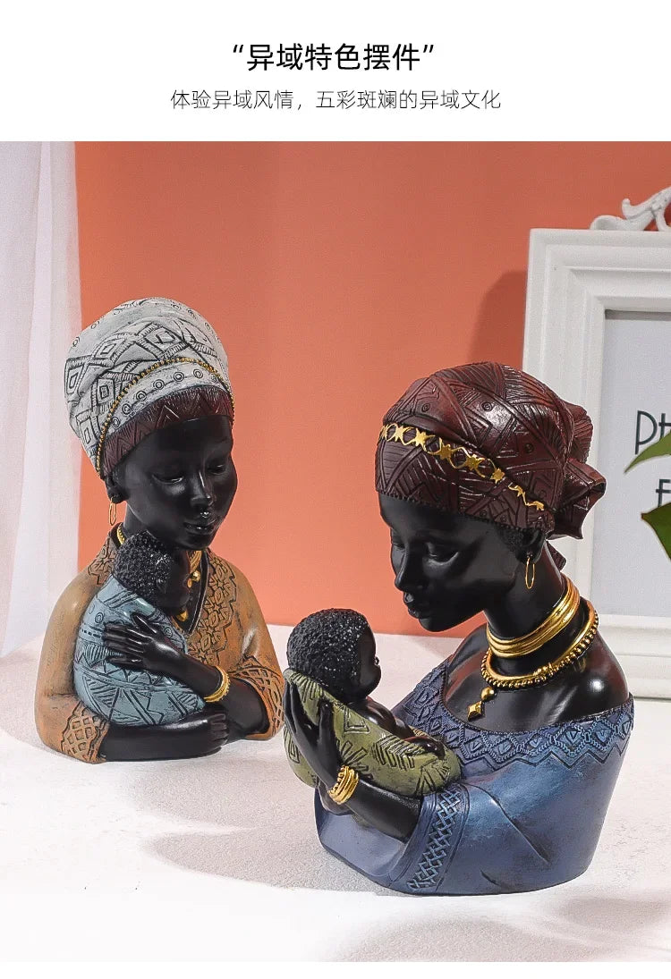 African Statue - Black Mother Child Figure, top view - House Of Avana