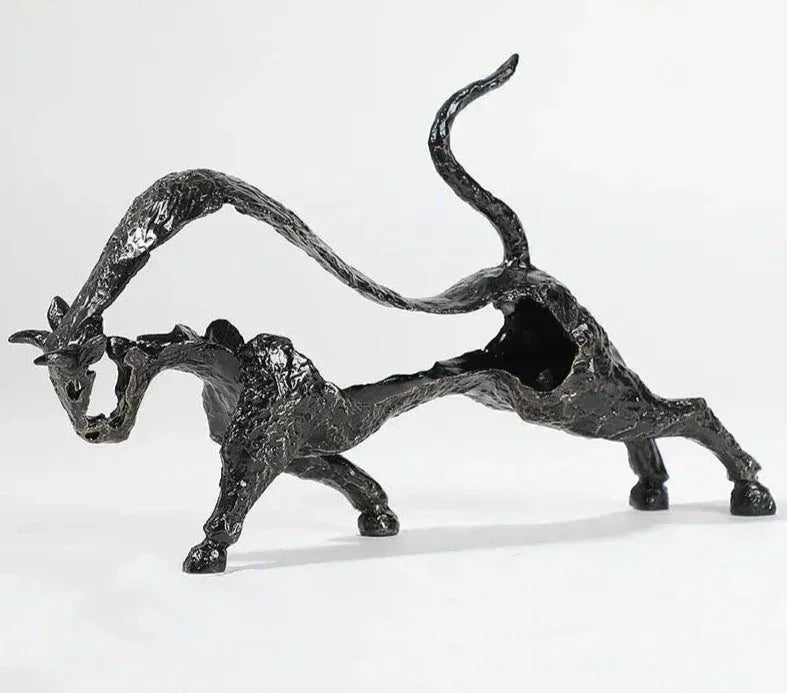 Black Cast Iron Bull Statue Animal Sculpture, front view - House Of Avana