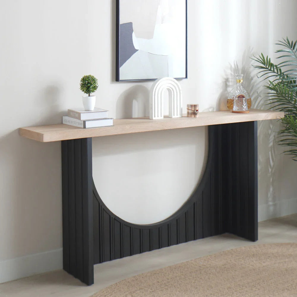 66" Modern Minimalist Console Table with Black Arch Base & Natural Wood Top – Sleek Design for Entryway,... - House Of Avana