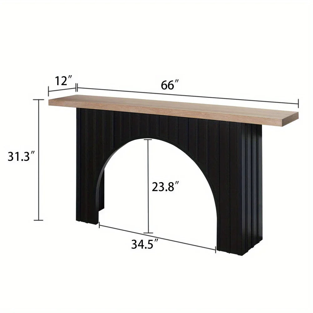66" Modern Minimalist Console Table with Black Arch Base & Natural Wood Top – Sleek Design for Entryway,... - House Of Avana
