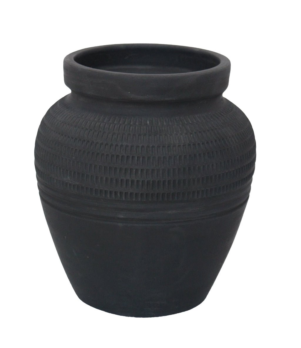 Black terracotta vase with unique texture, 11 inches tall - House of Avana