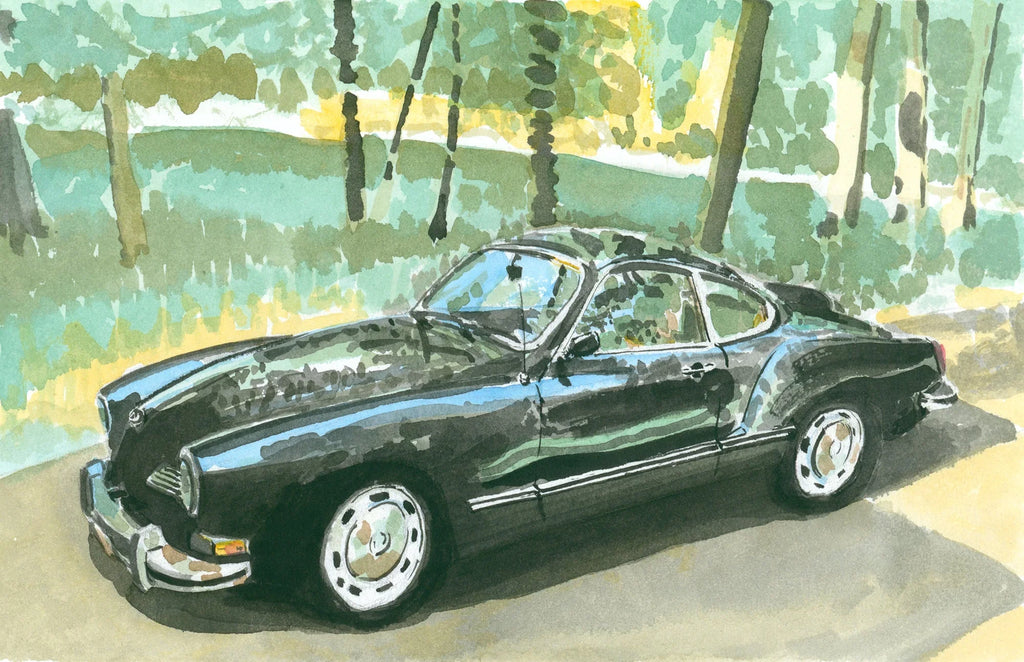 Black Volkswagen Karmann Ghia, Classic Car, Print, front view - House Of Avana