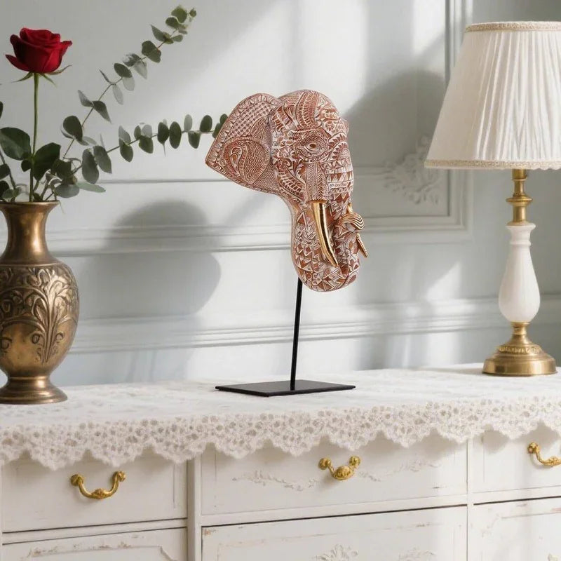 Elephant Statue - Elegant Pvc Sculpture with Black Base, White & Brown Trunk & Tusks, Ceiling-mountable... - House Of Avana