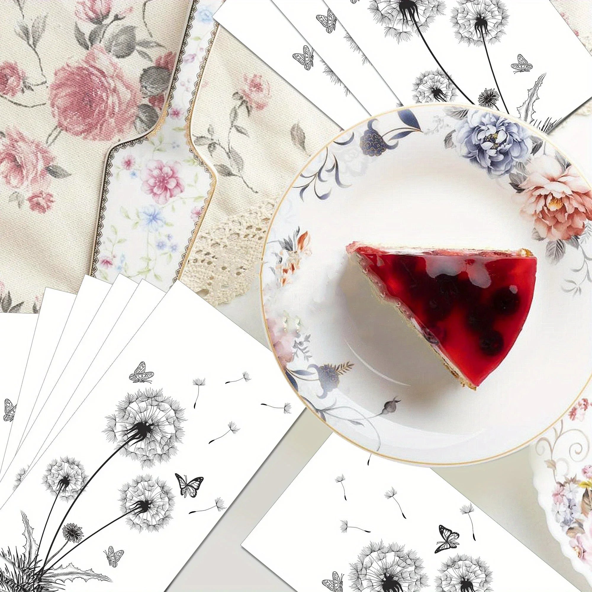 100 Count Elegant Black & White Dandelion & Butterfly Design Disposable Paper Guest Napkins -... - House Of Avana