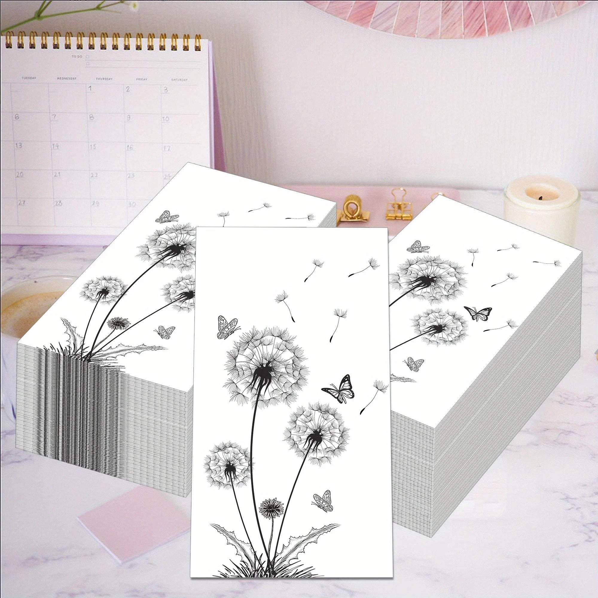 100 Count Elegant Black & White Dandelion & Butterfly Design Disposable Paper Guest Napkins -... - House Of Avana