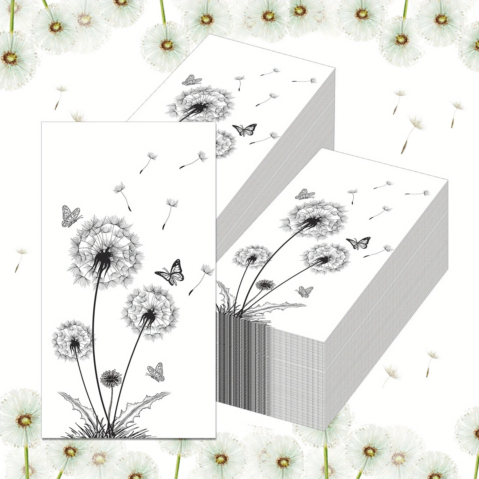 100 Count Elegant Black & White Dandelion & Butterfly Design Disposable Paper Guest Napkins -... - House Of Avana