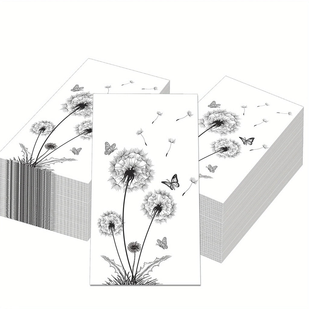 100 Count Elegant Black & White Dandelion & Butterfly Design Disposable Paper Guest Napkins -... - House Of Avana