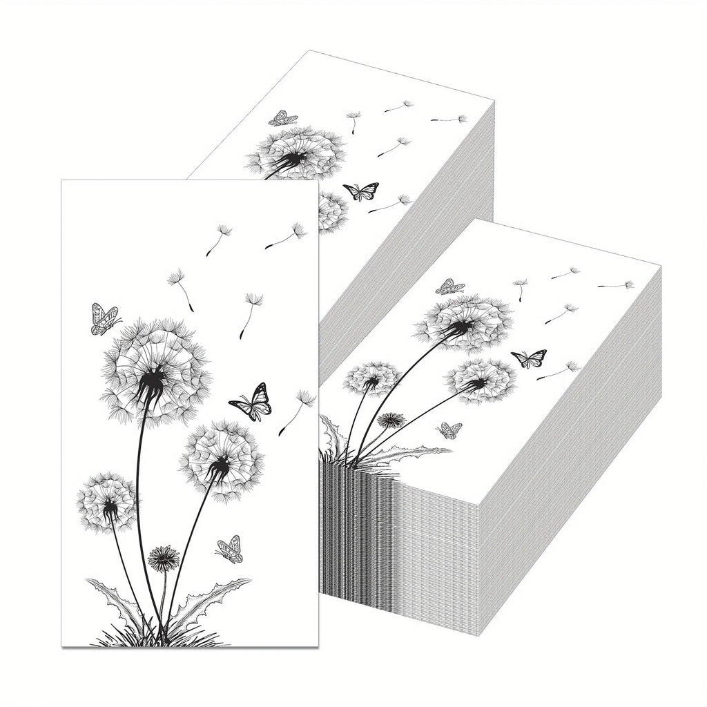 100 Count Elegant Black & White Dandelion & Butterfly Design Disposable Paper Guest Napkins -... - House Of Avana