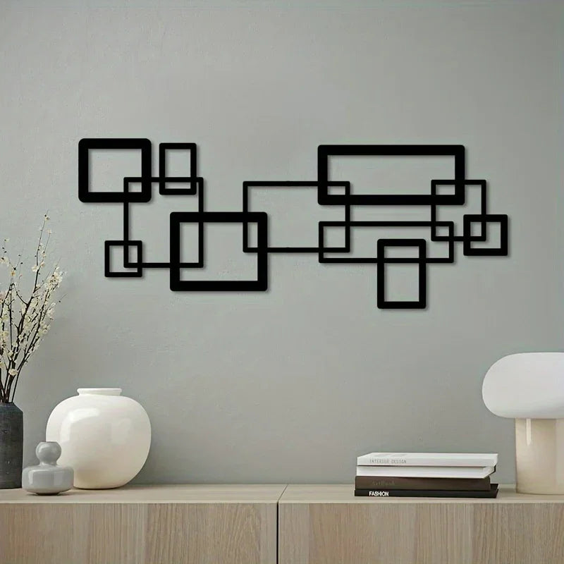 S Modern Geometric Metal Wall Art Set - Black & White Abstract Line Design, Horizontal Iron Panel with... - House Of Avana