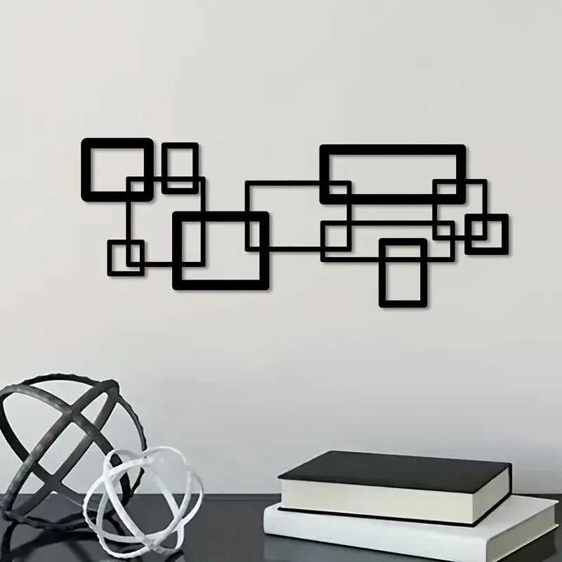 S Modern Geometric Metal Wall Art Set - Black & White Abstract Line Design, Horizontal Iron Panel with... - House Of Avana