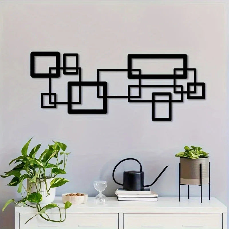 S Modern Geometric Metal Wall Art Set - Black & White Abstract Line Design, Horizontal Iron Panel with... - House Of Avana