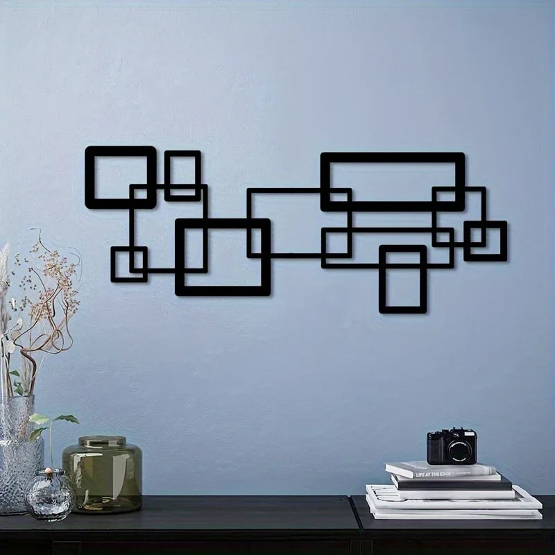 S Modern Geometric Metal Wall Art Set - Black & White Abstract Line Design, Horizontal Iron Panel with... - House Of Avana