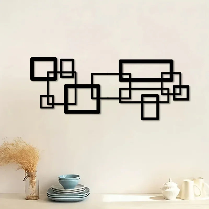 S Modern Geometric Metal Wall Art Set - Black & White Abstract Line Design, Horizontal Iron Panel with... - House Of Avana