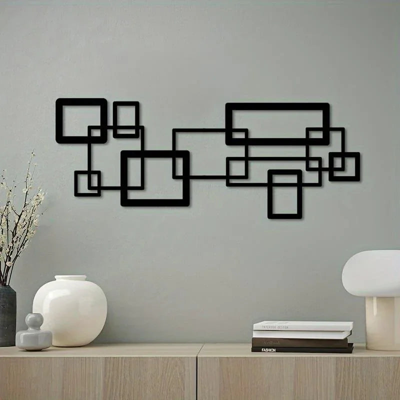 S Modern Geometric Metal Wall Art Set - Black & White Abstract Line Design, Horizontal Iron Panel with... - House Of Avana