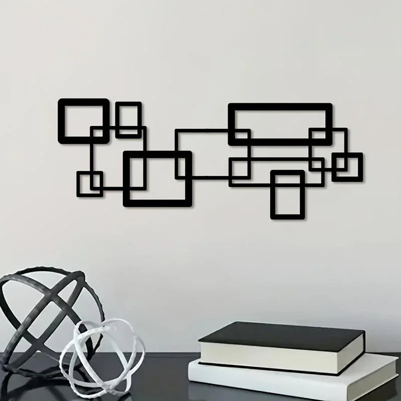 S Modern Geometric Metal Wall Art Set - Black & White Abstract Line Design, Horizontal Iron Panel with... - House Of Avana