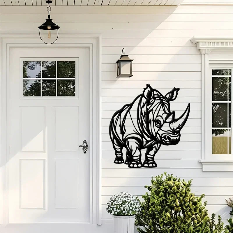 Black & White Rhinoceros Metal Wall - Elegant Rhino Sculpture, Waterproof Iron Wildlife Decor for... - House Of Avana