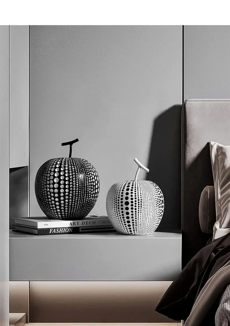 Resin Apple Sculpture, Black and White Polka Dot Modern Desk Statue, angled view - House Of Avana