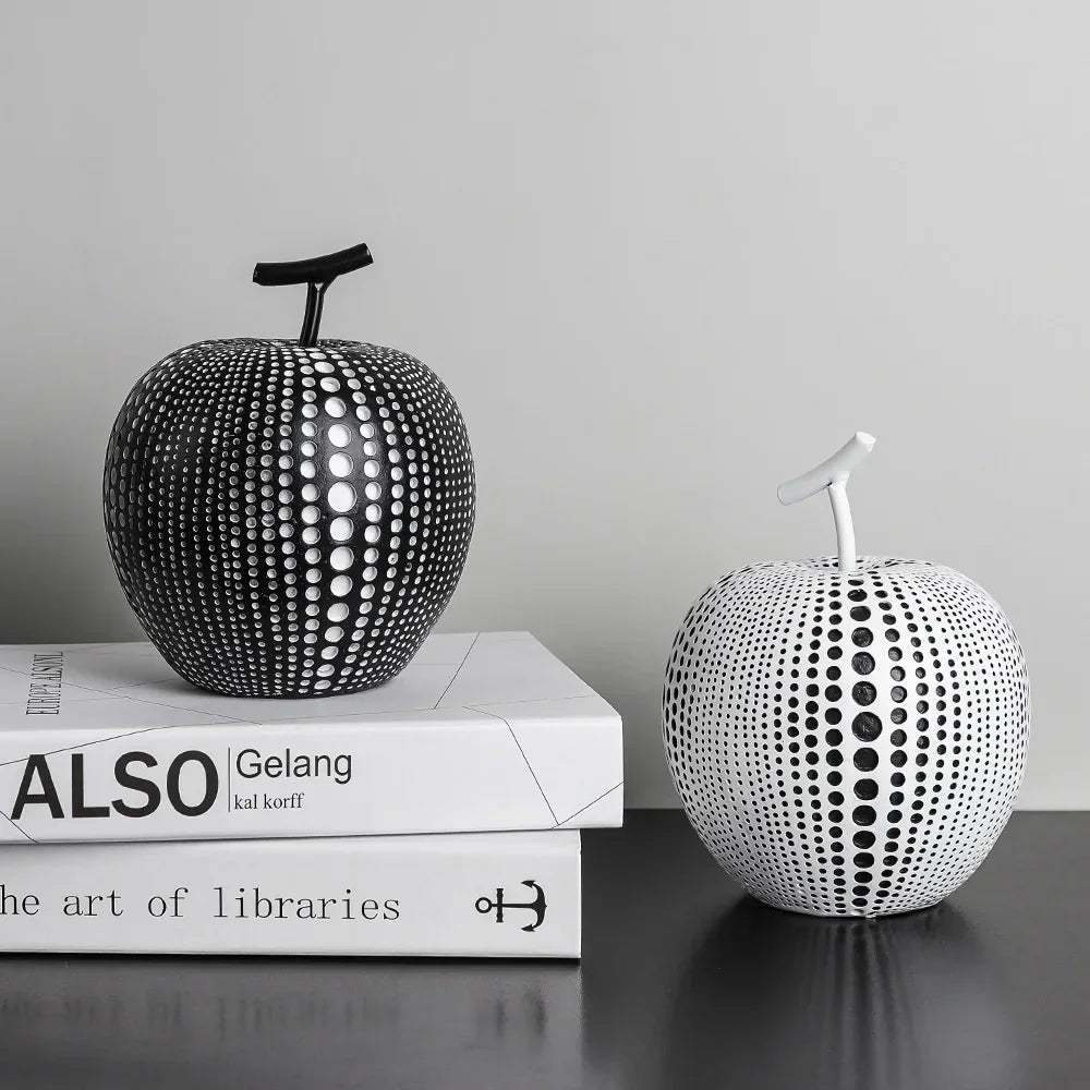 Resin Apple Sculpture, Black and White Polka Dot Modern Desk Statue, back view - House Of Avana