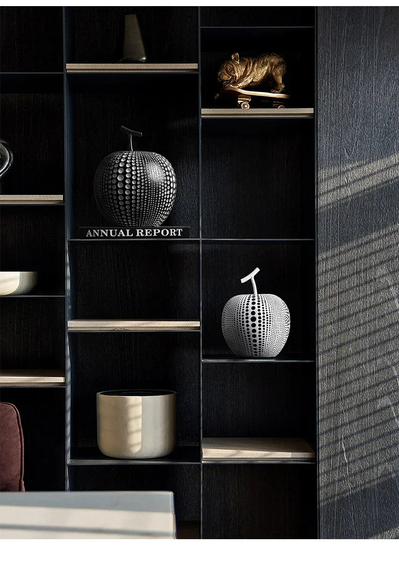 Resin Apple Sculpture, Black and White Polka Dot Modern Desk Statue, close-up view - House Of Avana