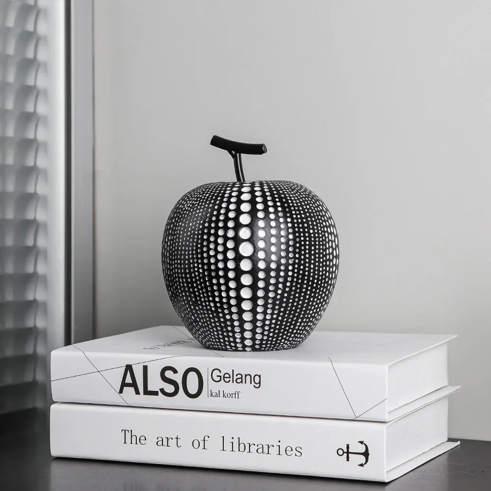 Resin Apple Sculpture, Black and White Polka Dot Modern Desk Statue, detail shot - House Of Avana