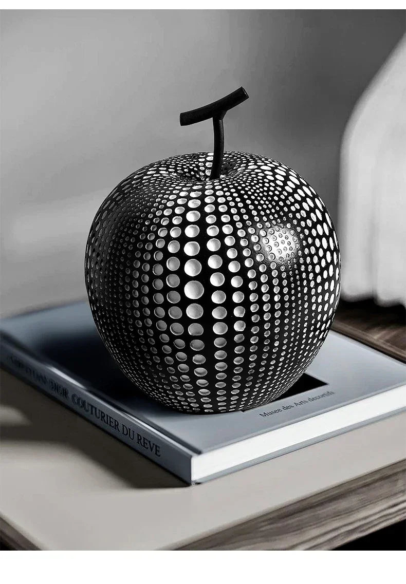 Resin Apple Sculpture, Black and White Polka Dot Modern Desk Statue, dimensions view - House Of Avana