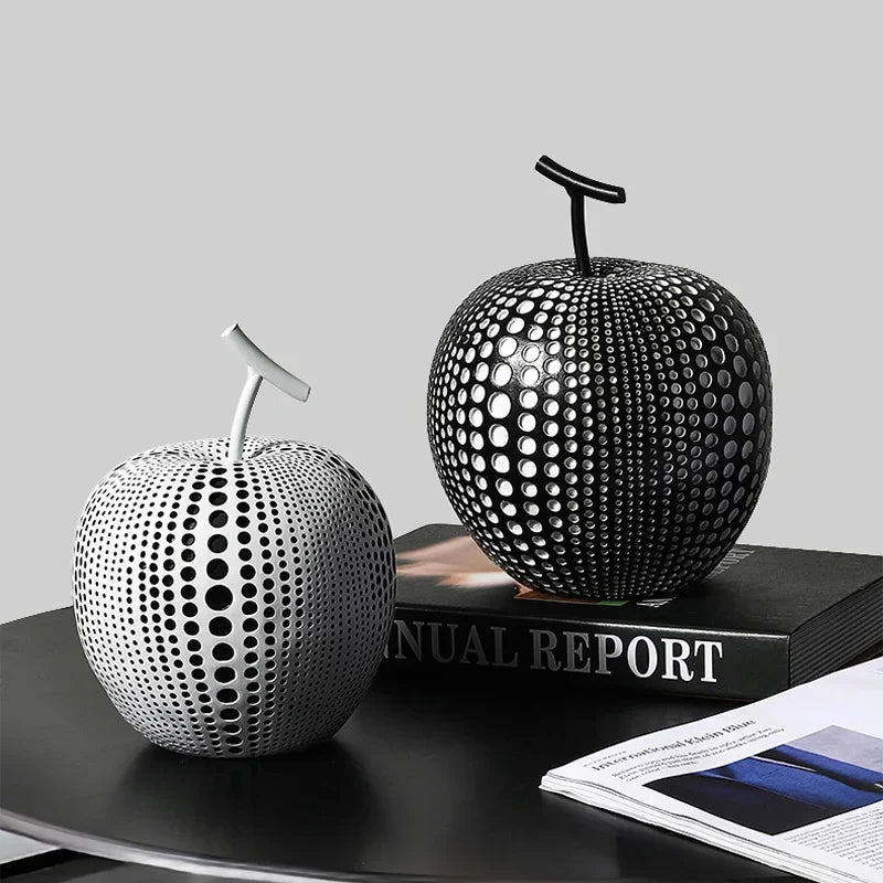 Resin Apple Sculpture, Black and White Polka Dot Modern Desk Statue, front view - House Of Avana