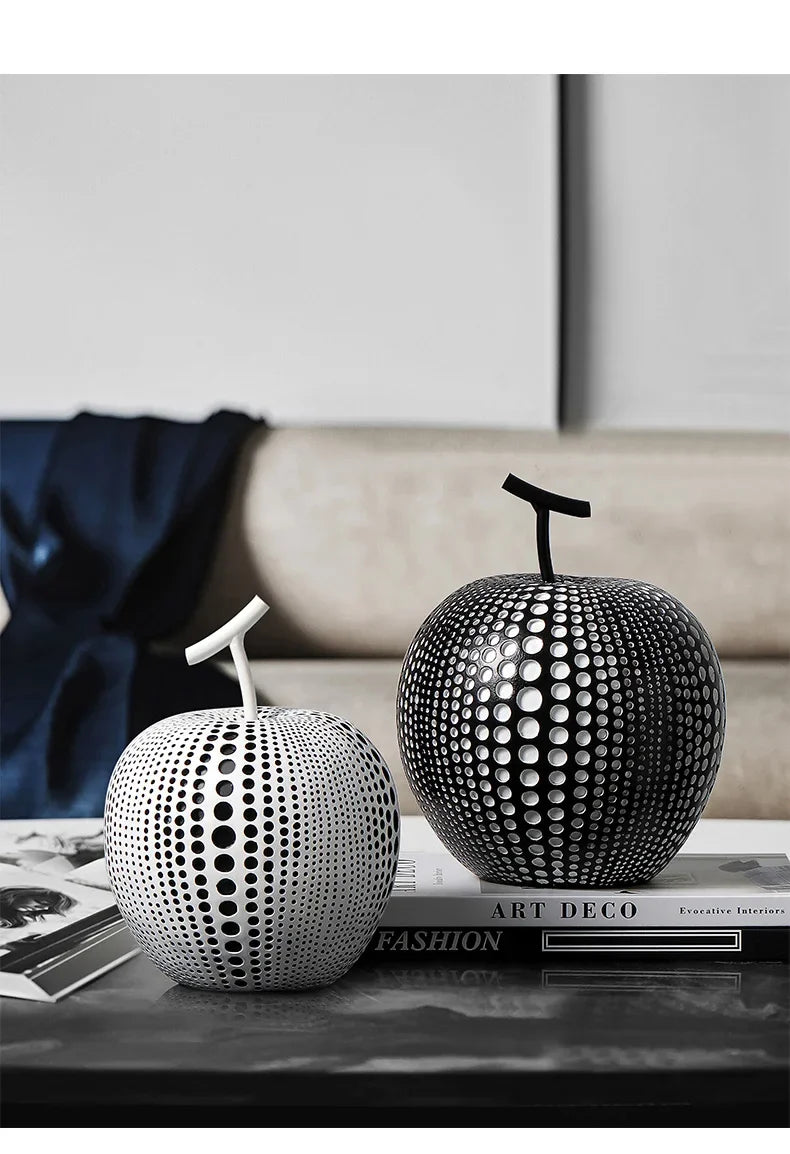 Resin Apple Sculpture, Black and White Polka Dot Modern Desk Statue, texture detail - House Of Avana