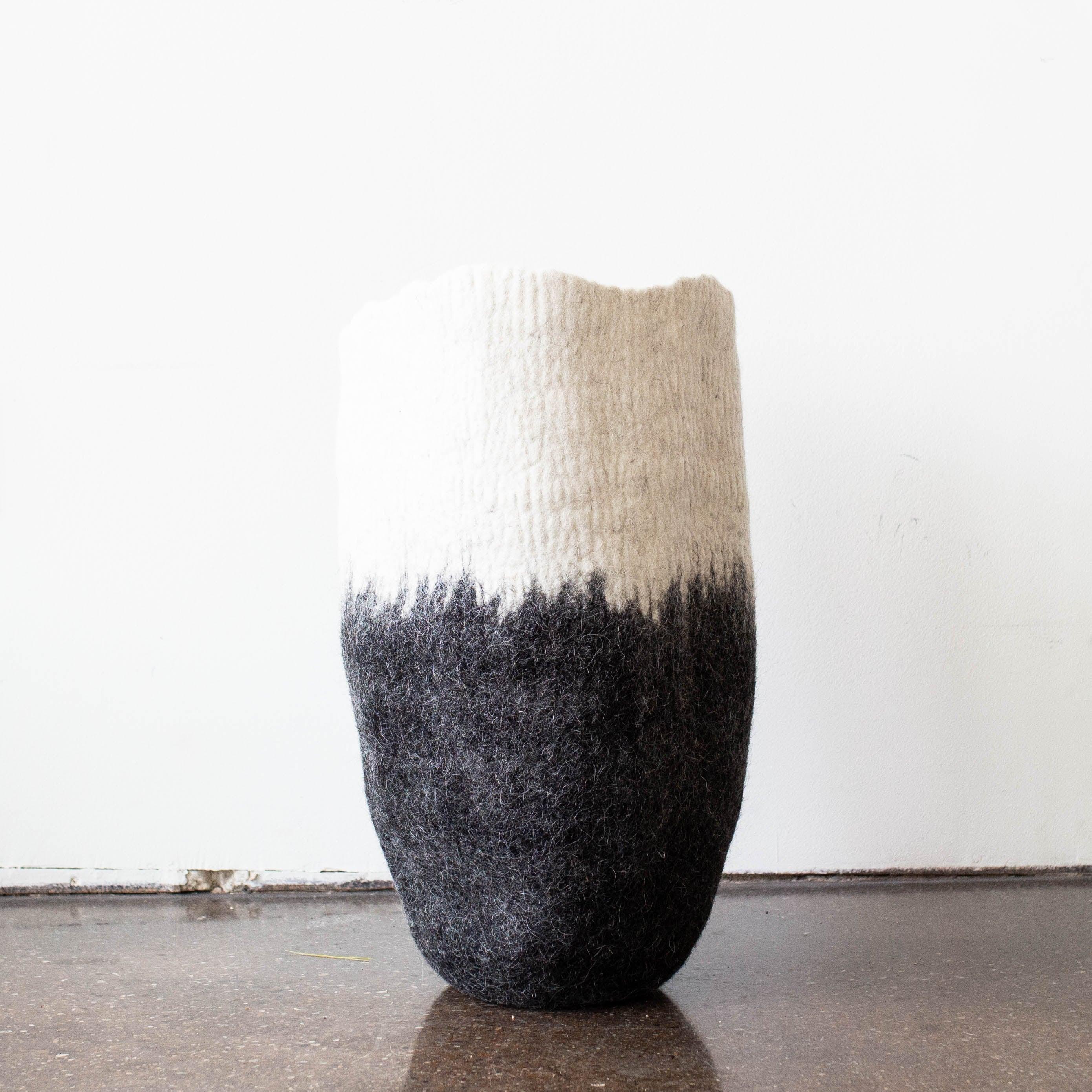 Eclipse Black & White Wool Floor Vase, angled view - House Of Avana