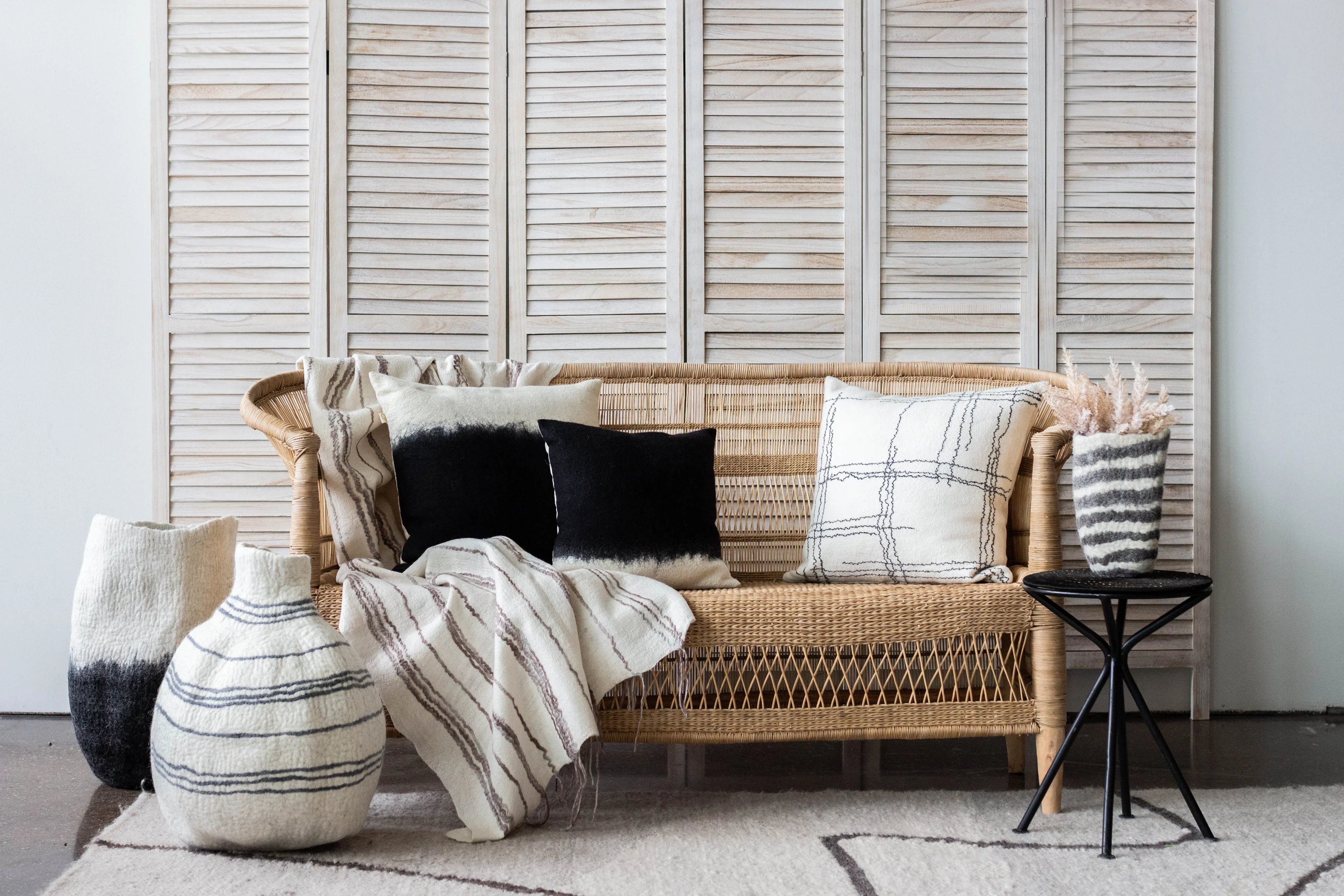 Eclipse Black & White Wool Floor Vase, side view - House Of Avana