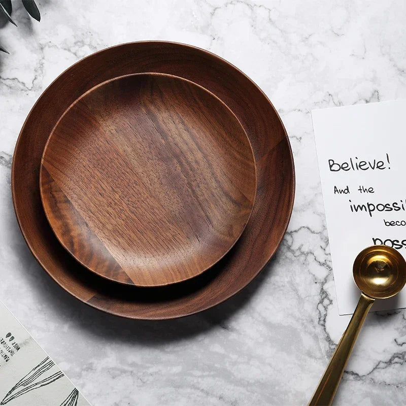 Black Walnut Wood Round Serving Plate 15-20cm Diameter, top view - House Of Avana
