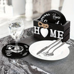 Black wooden coasters with holder, set of six heart-shaped pieces - House of Avana