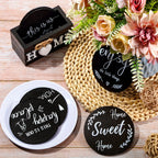 Black wooden coasters with holder, set of six heart-shaped pieces - House of Avana