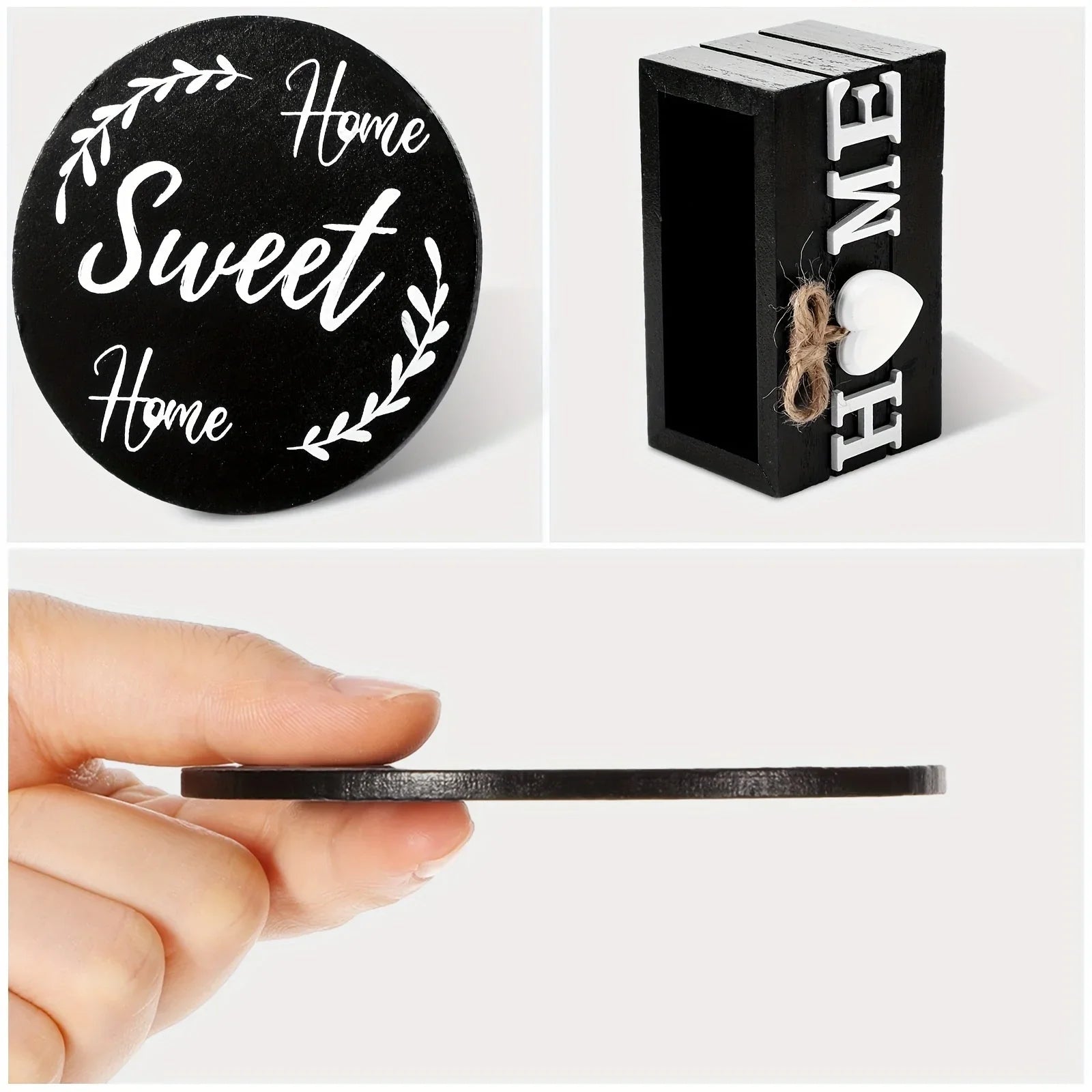 Black wooden coasters with holder, set of six heart-shaped pieces - House of Avana