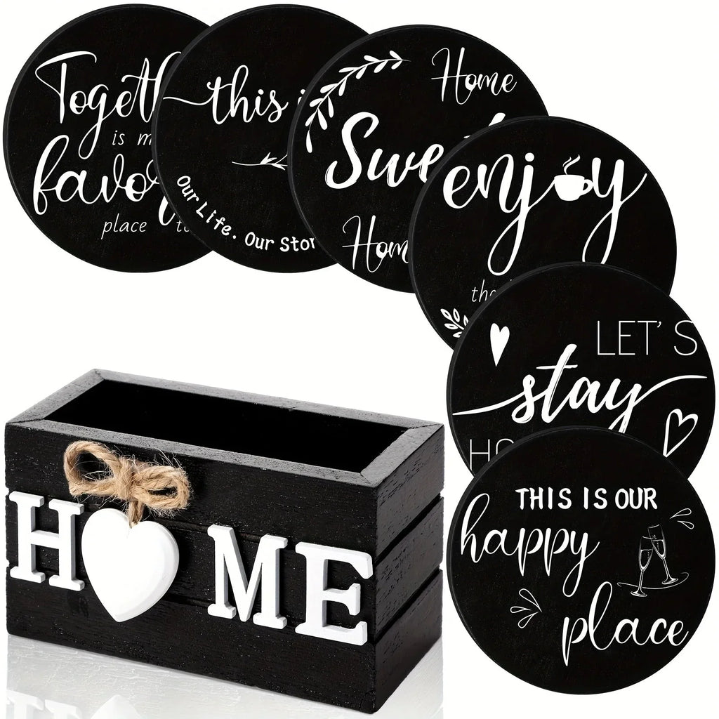 Black wooden coasters with holder, set of six heart-shaped pieces - House of Avana