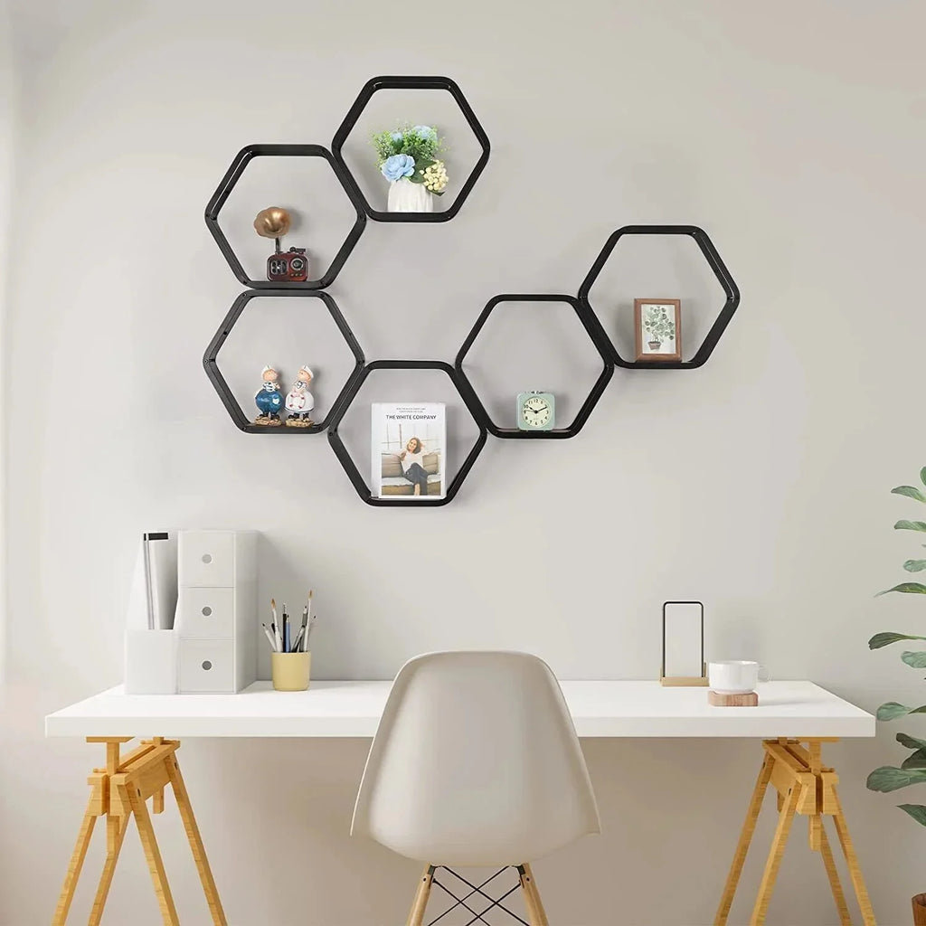 Black Wooden Floating Wall Shelves Set of Hexagonal, angled view - House Of Avana