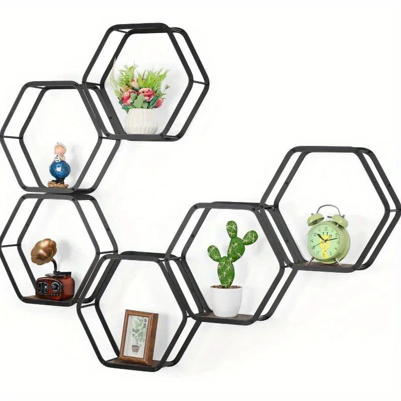 Black Wooden Floating Wall Shelves Set of Hexagonal, back view - House Of Avana