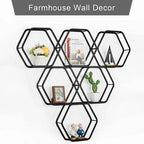 Black Wooden Floating Wall Shelves Set of Hexagonal, close-up view - House Of Avana