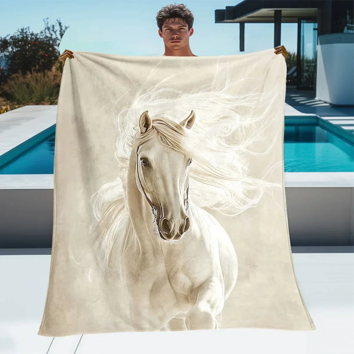 Blanket - Portable White Horse Design Throw, close-up view - House Of Avana