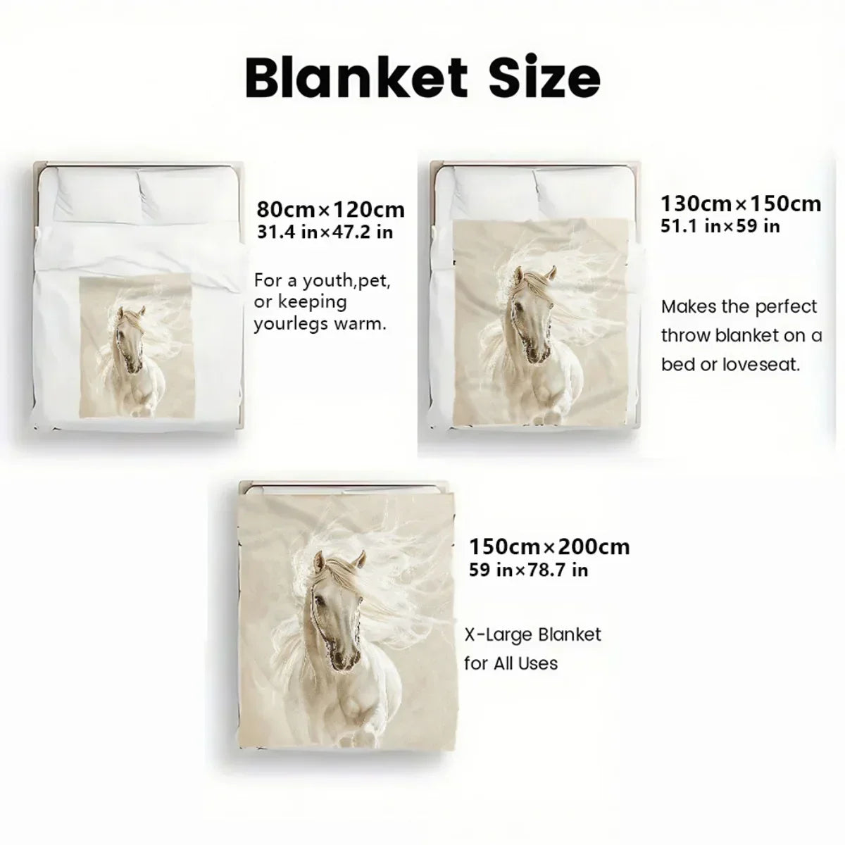 Blanket - Portable White Horse Design Throw, back view - House Of Avana