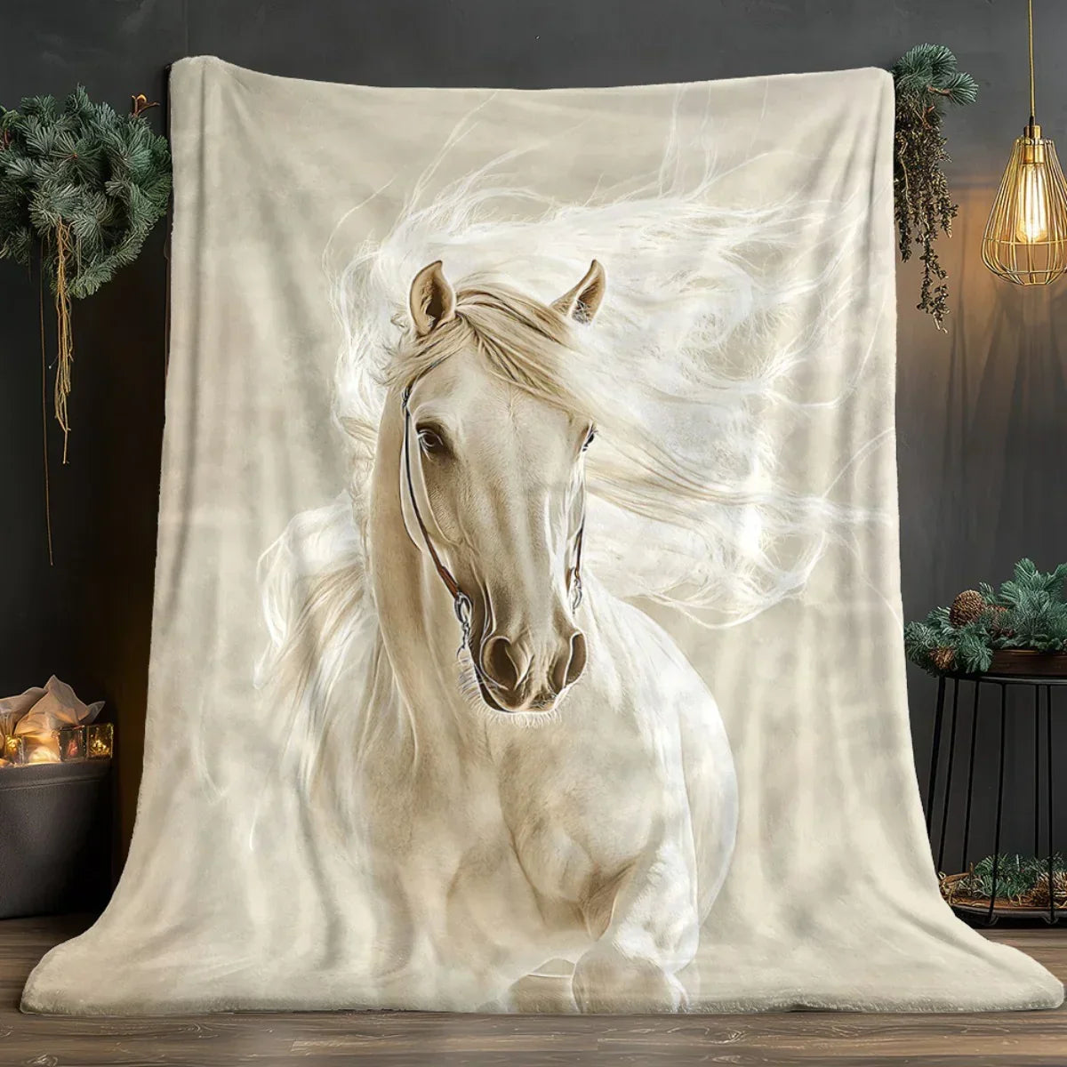 Blanket - Portable White Horse Design Throw, side view - House Of Avana