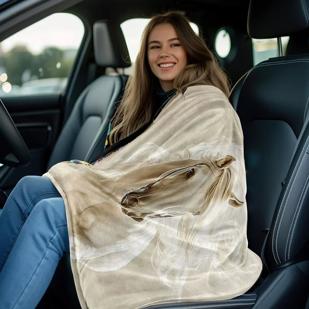 Blanket - Portable White Horse Design Throw, detail shot - House Of Avana