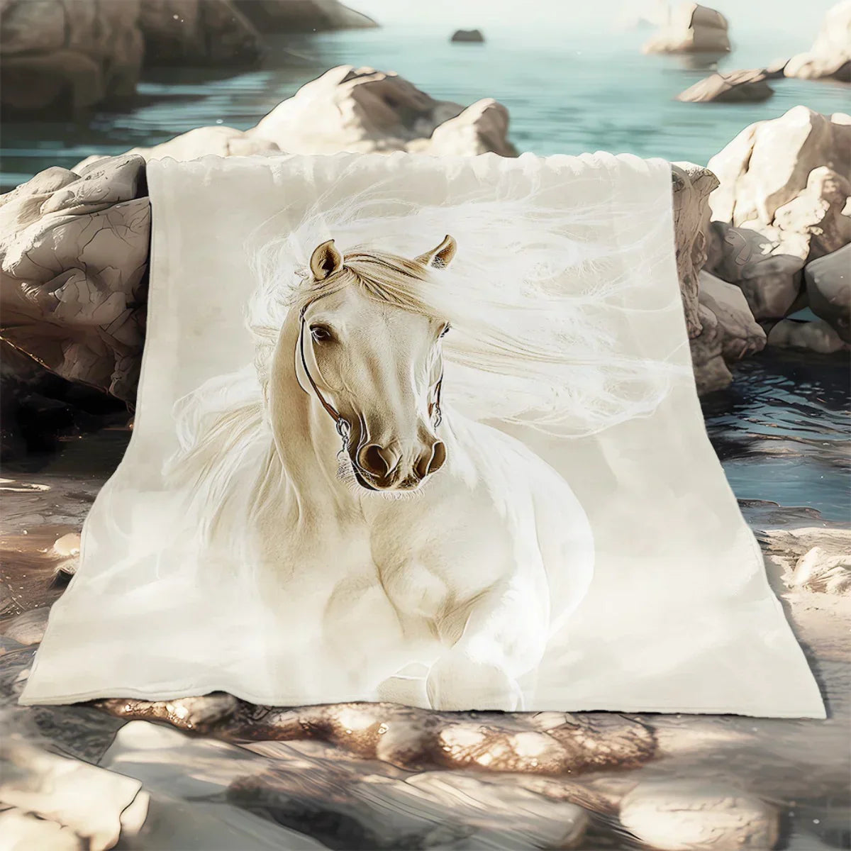 Blanket - Portable White Horse Design Throw, lifestyle image - House Of Avana